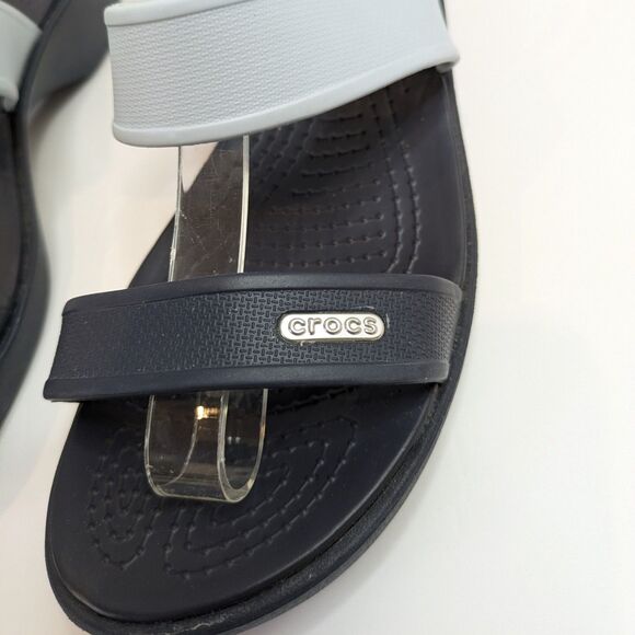 Crocs Madeira Wedge Slide Sandals Women's 9 Navy Blue Light Blue 2-Strap Comfort - Picture 4 of 14